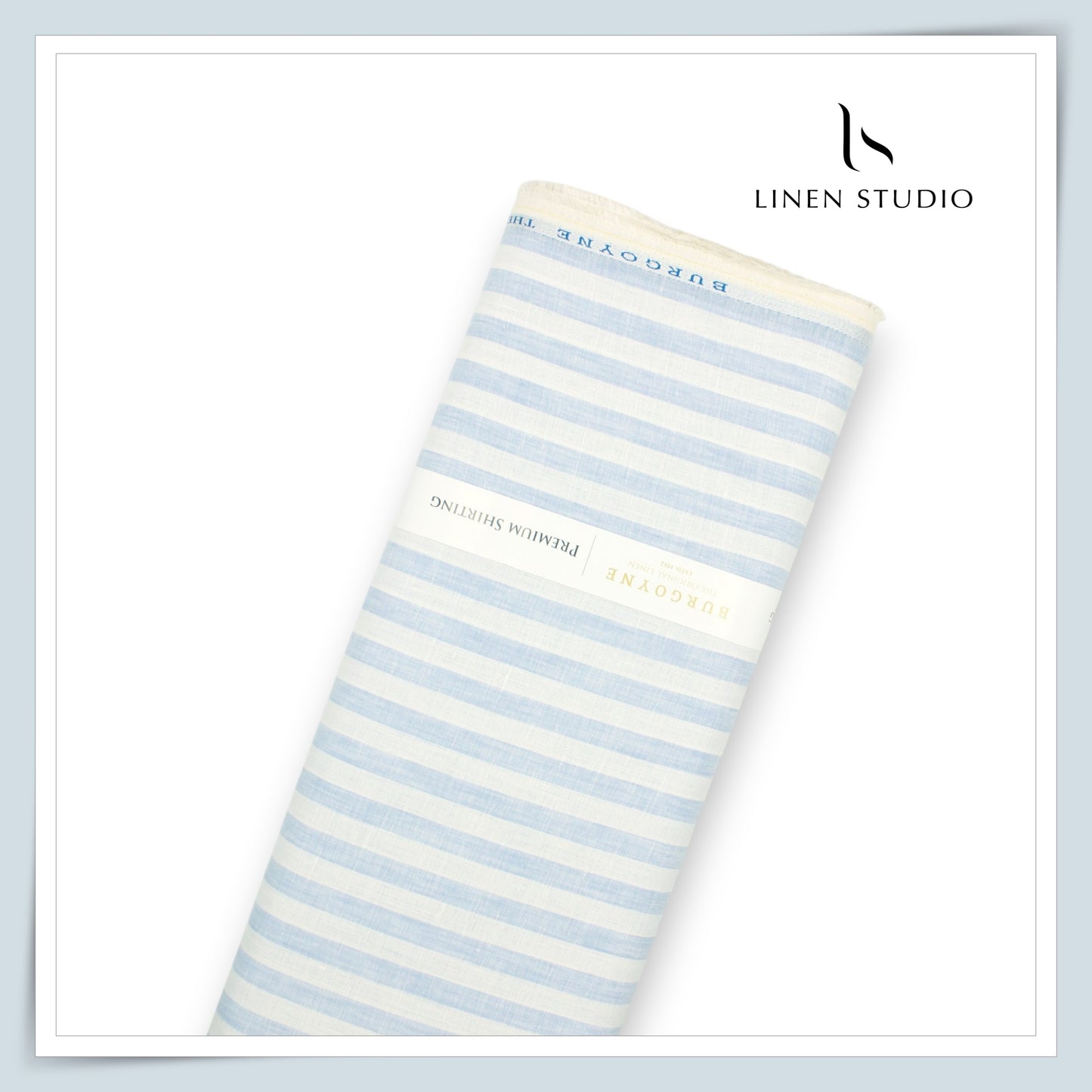 60 Lea Pure Linen Shirting by Burgoyne - White & Blue Classic Sober Stripes (NEW)