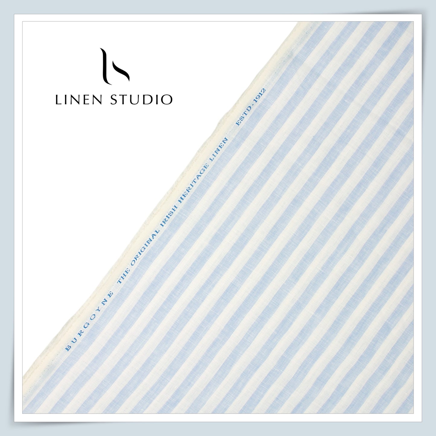 60 Lea Pure Linen Shirting by Burgoyne - White & Blue Classic Sober Stripes (NEW)