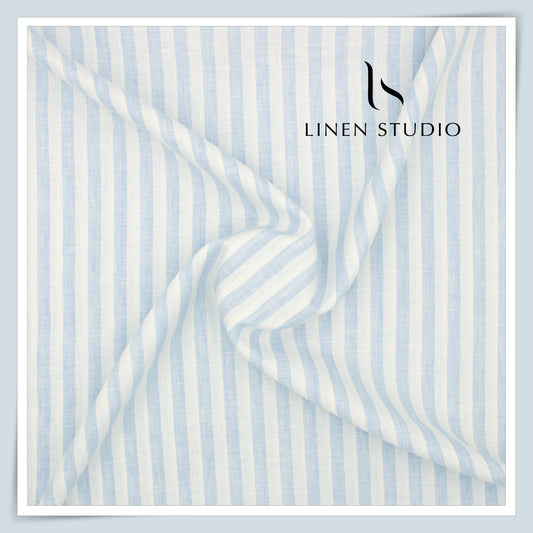 60 Lea Pure Linen Shirting by Burgoyne - White & Blue Classic Sober Stripes (NEW)