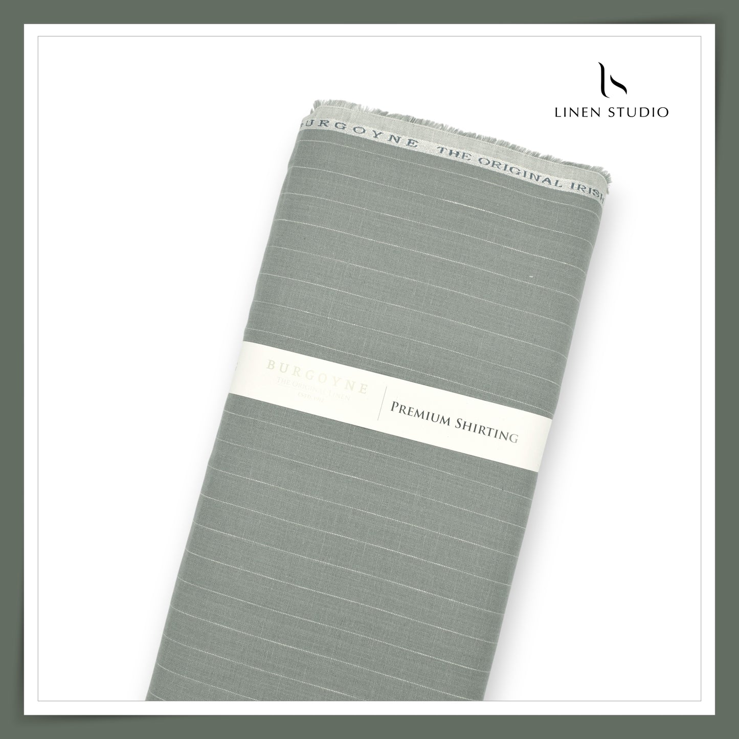 60 Lea Pure Linen Shirting by Burgoyne - Greenish Grey with White Stripes (NEW)