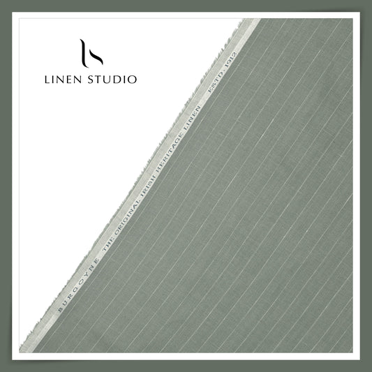 60 Lea Pure Linen Shirting by Burgoyne - Greenish Grey with White Stripes (NEW)