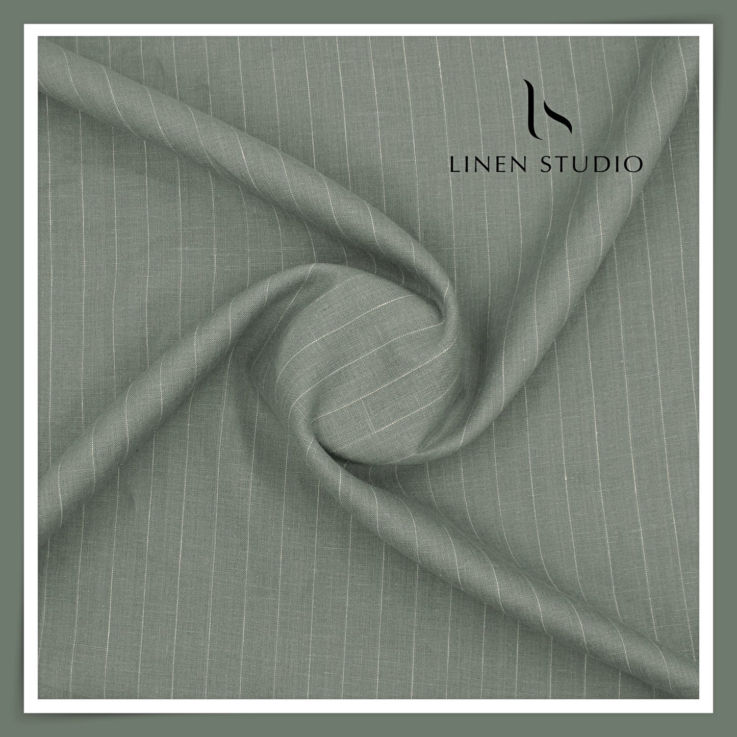 60 Lea Pure Linen Shirting by Burgoyne - Greenish Grey with White Stripes (NEW)