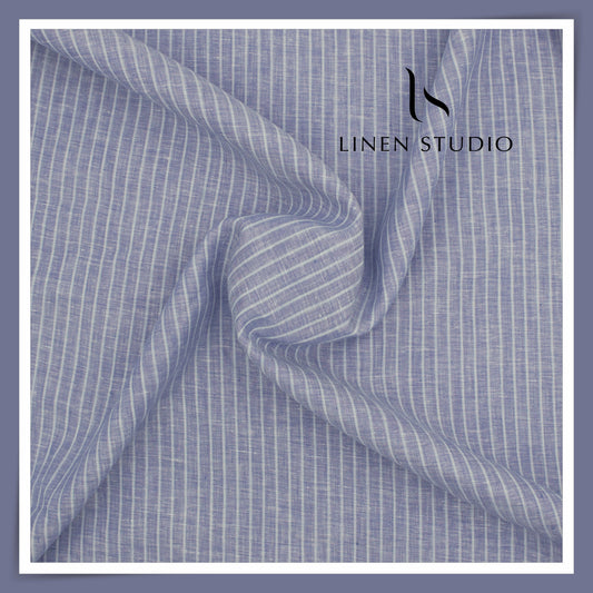 60 Lea Pure Linen Shirting by Burgoyne - Storm Blue Hazy Stripes (NEW)