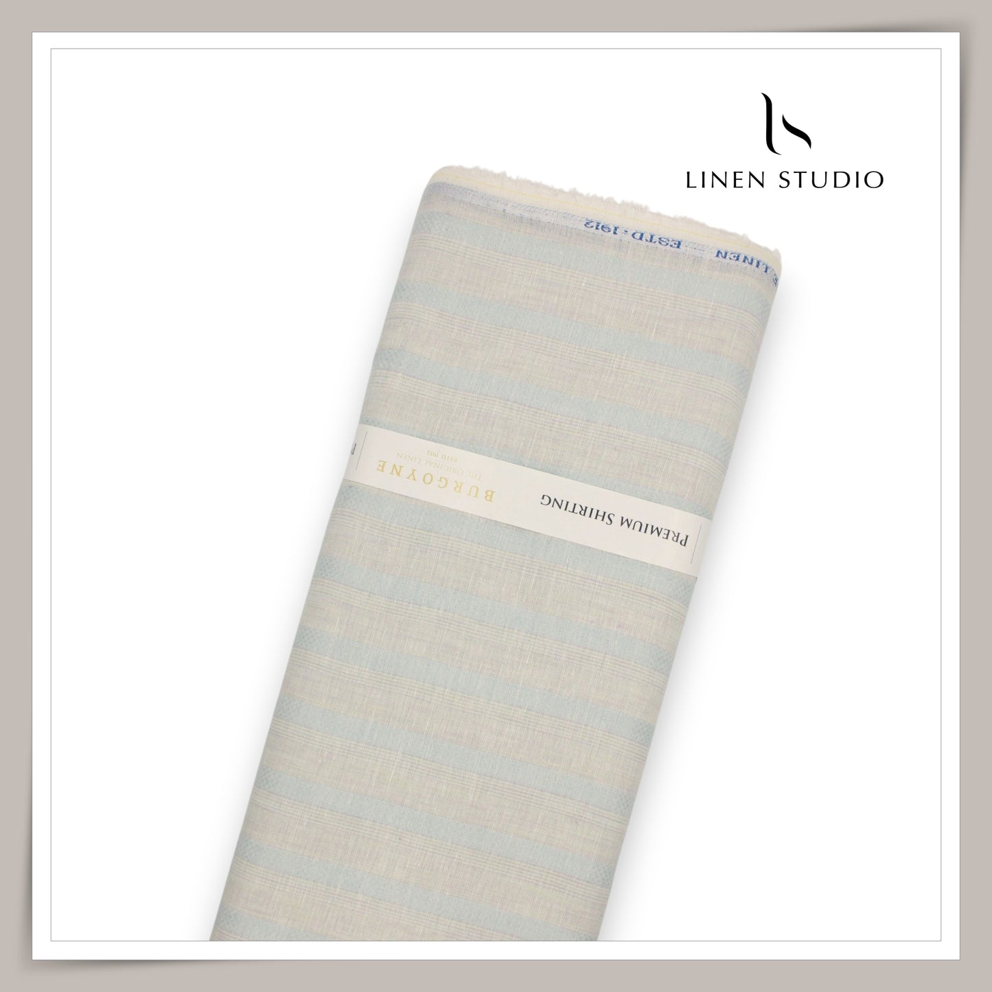60 Lea Pure Linen Shirting by Burgoyne - Light Grey & Light Blue Designer Stripes (NEW)