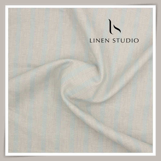 60 Lea Pure Linen Shirting by Burgoyne - Light Grey & Light Blue Designer Stripes (NEW)