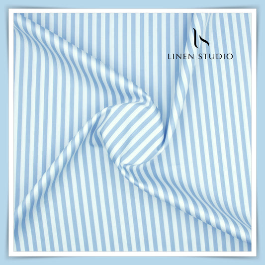 100% Finest Giza Cotton Shirting by Burgoyne - Blue Awning Stripes (NEW)