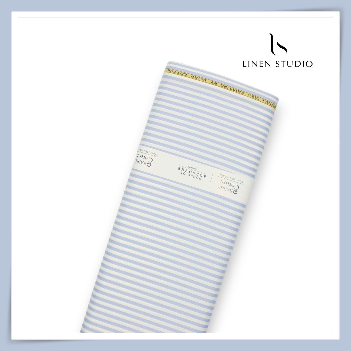 100% Finest Giza Cotton Shirting by Burgoyne - White & Steel Blue Awning Stripes (NEW)