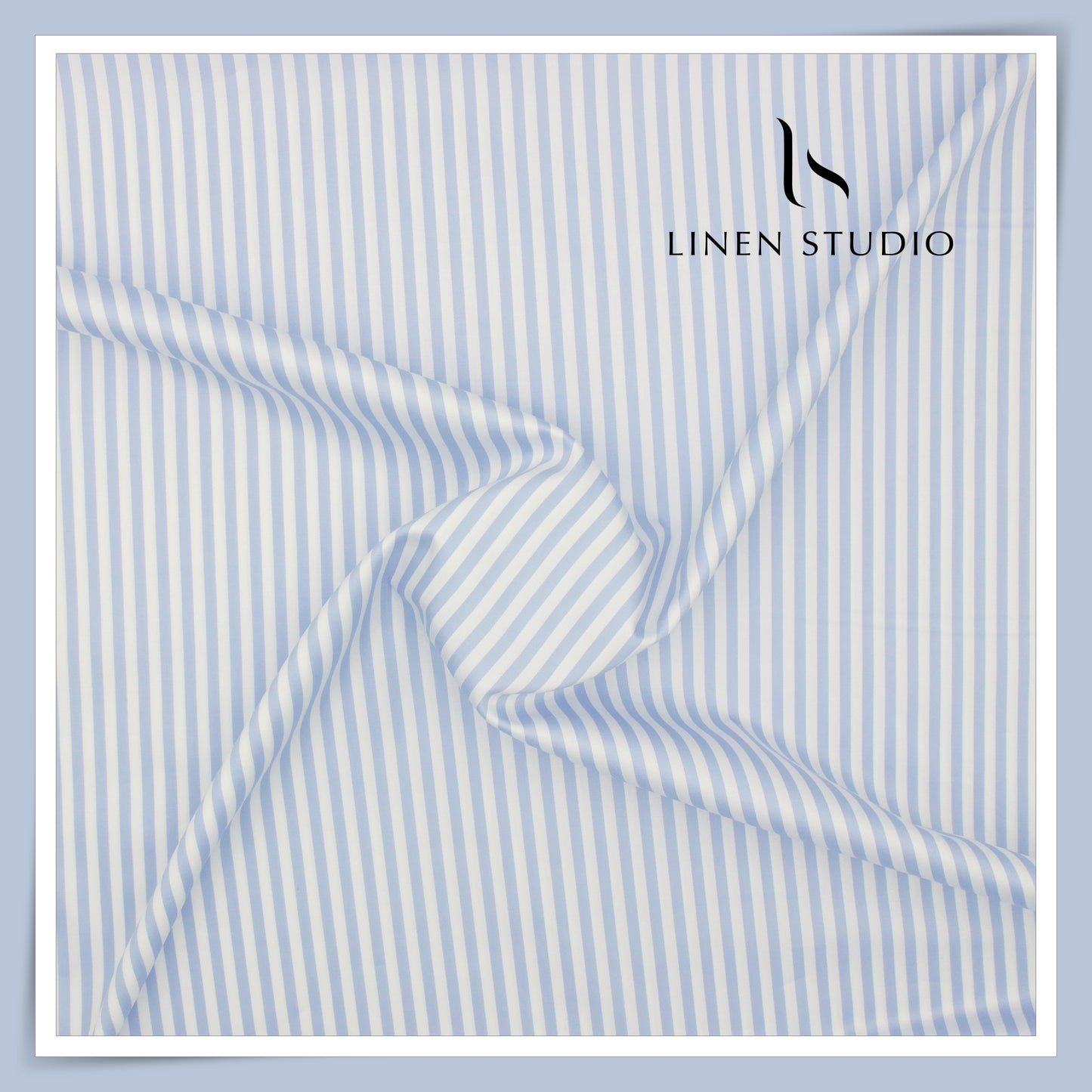 100% Finest Giza Cotton Shirting by Burgoyne - White & Steel Blue Awning Stripes (NEW)