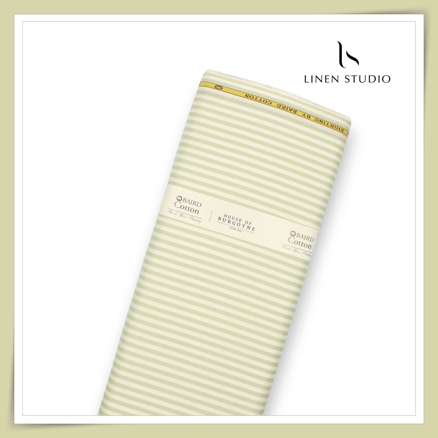 100% Finest Giza Cotton Shirting by Burgoyne - White & Light Green Awning Stripes (NEW)