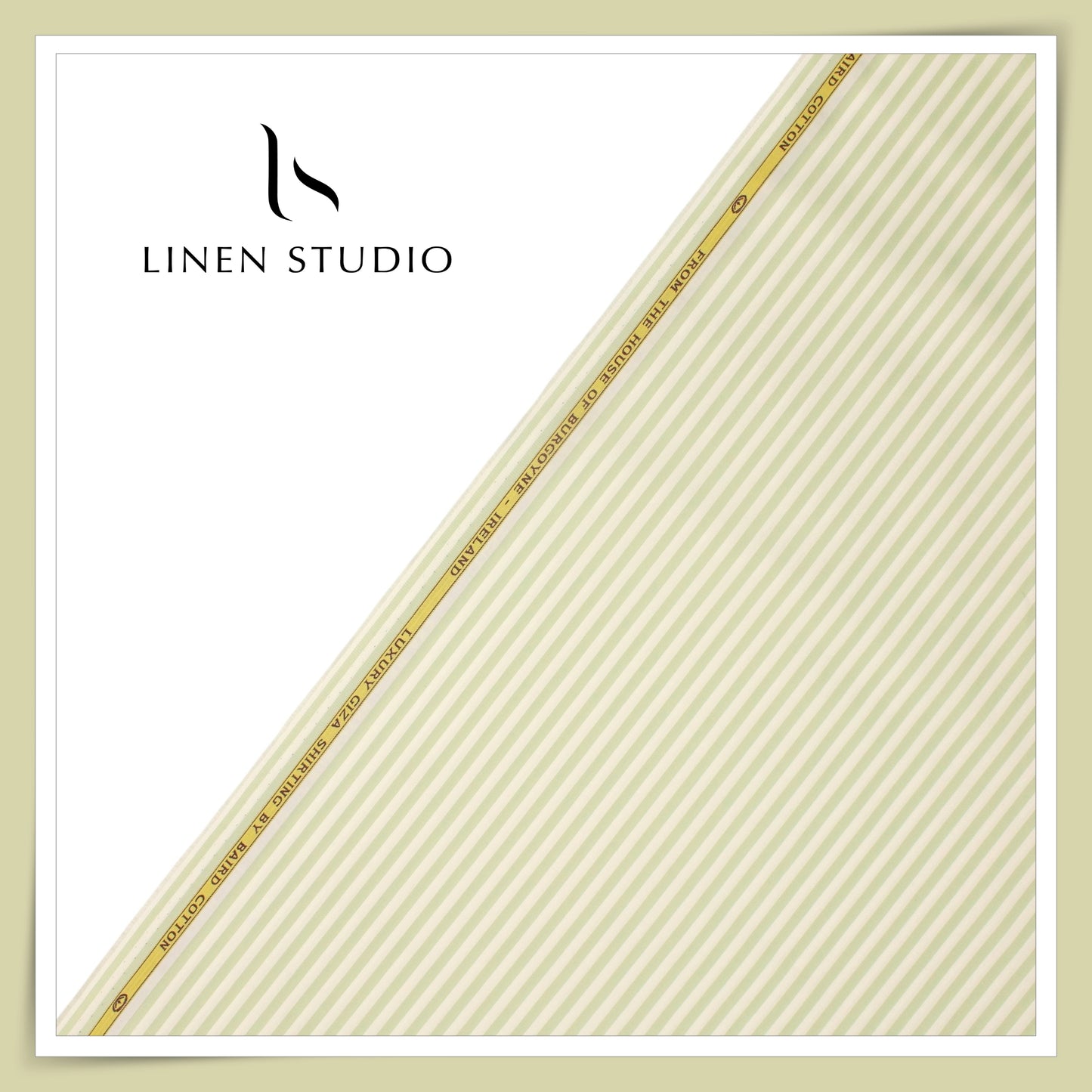 100% Finest Giza Cotton Shirting by Burgoyne - White & Light Green Awning Stripes (NEW)