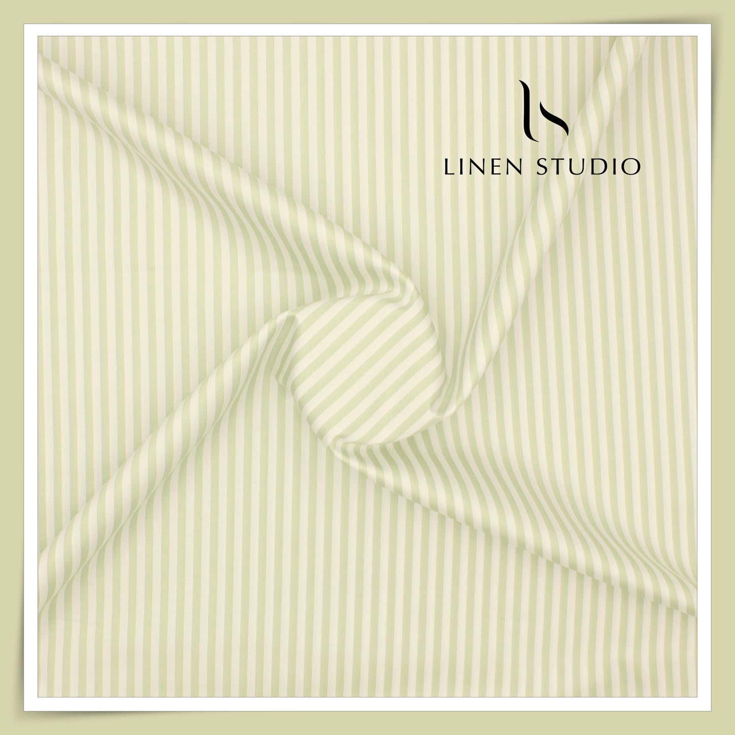 100% Finest Giza Cotton Shirting by Burgoyne - White & Light Green Awning Stripes (NEW)