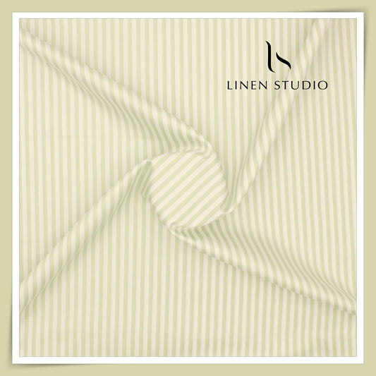 100% Finest Giza Cotton Shirting by Burgoyne - White & Light Green Awning Stripes (NEW)