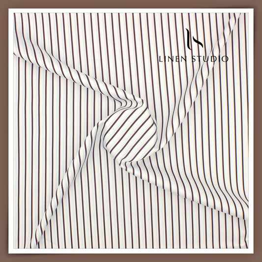 100% Finest Giza Cotton Shirting by Burgoyne - White with Brown Stripes (NEW) (Fastest Selling)