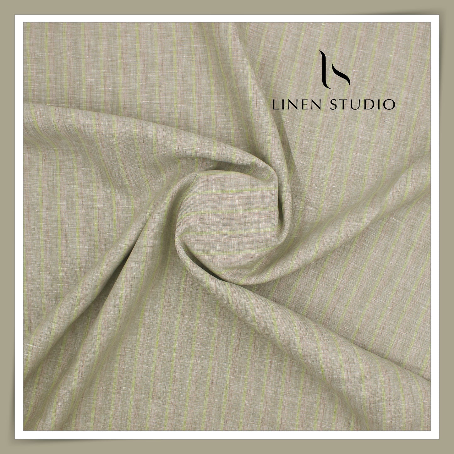 80 Lea Pure Linen Premium Shirting by Burgoyne - Natural with Green Stripes (NEW) (Highest Selling)