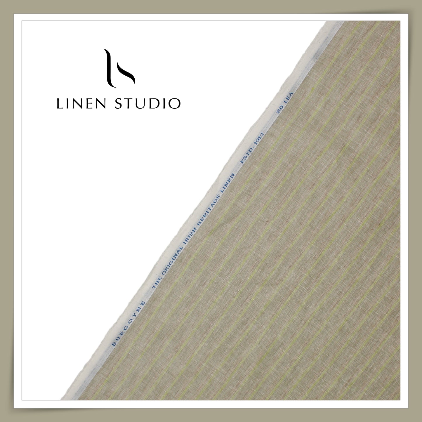 80 Lea Pure Linen Premium Shirting by Burgoyne - Natural with Green Stripes (NEW) (Highest Selling)