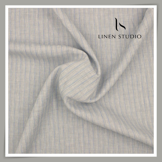 80 Lea Pure Linen Premium Shirting by Burgoyne - Classic Grey with Blue Stripes (NEW)