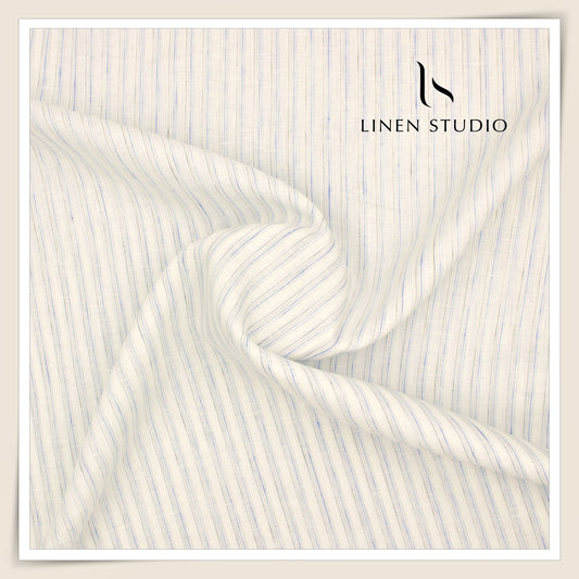 80 Lea Pure Linen Premium Shirting by Burgoyne - White with Blue Stripes (NEW)