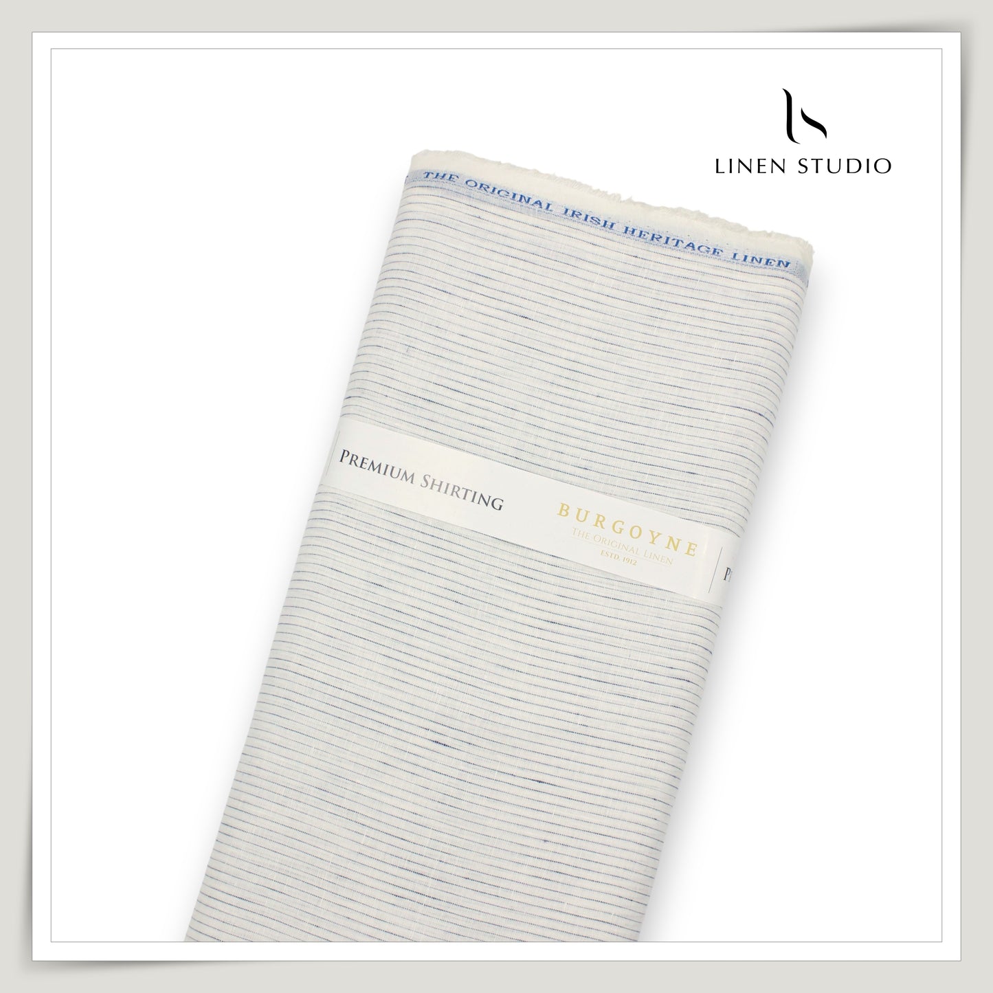 80 Lea Pure Linen Premium Shirting by Burgoyne - White with Broken Blue Stripes (NEW)