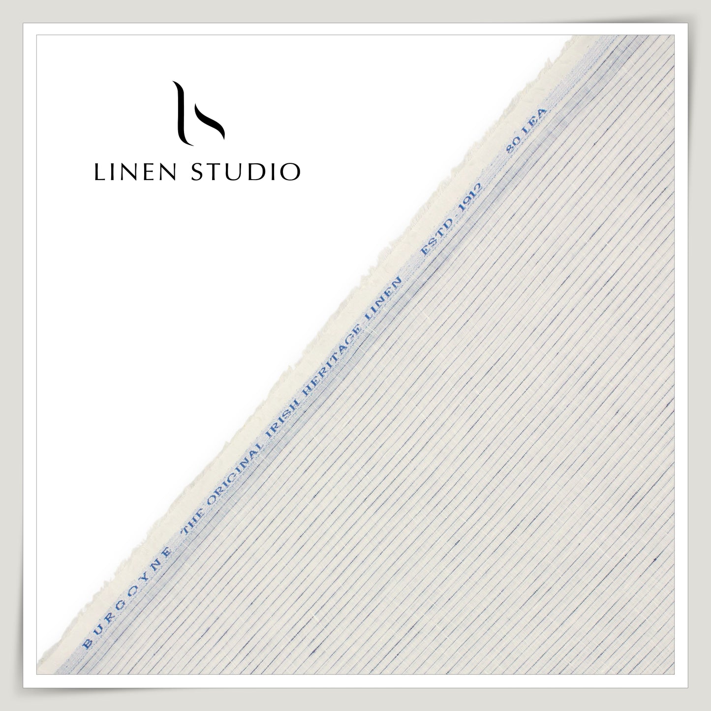 80 Lea Pure Linen Premium Shirting by Burgoyne - White with Broken Blue Stripes (NEW)