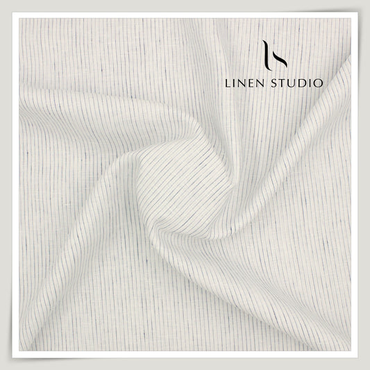 80 Lea Pure Linen Premium Shirting by Burgoyne - White with Broken Blue Stripes (NEW)