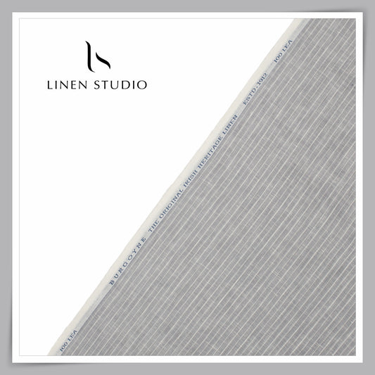 100 LEA PREMIUM Linen Shirting by Burgoyne - Grey Chateau White Stripes (NEW)