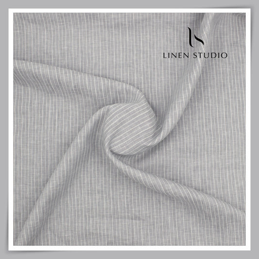 100 LEA PREMIUM Linen Shirting by Burgoyne - Grey Chateau White Stripes (NEW)
