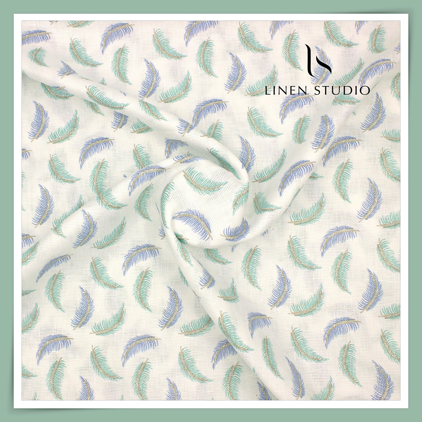 60 Lea Netted Linen Printed Shirting by Burgoyne - Blue & Green Leaf (NEW) (Zoom In)