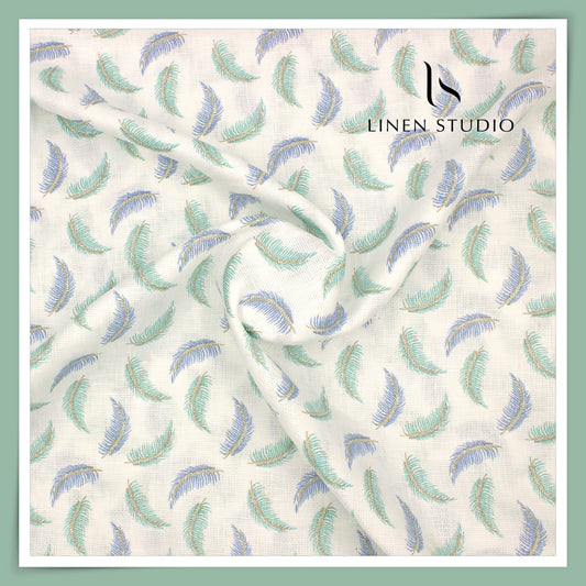 60 Lea Netted Linen Printed Shirting by Burgoyne - Blue & Green Leaf (NEW) (Zoom In)