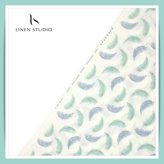 60 Lea Netted Linen Printed Shirting by Burgoyne - Blue & Green Leaf (NEW) (Zoom In)