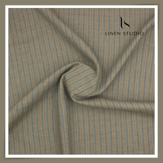 60 Lea Pure Linen Shirting by Burgoyne - Brownish Grey & Turquoise Stripes (NEW)