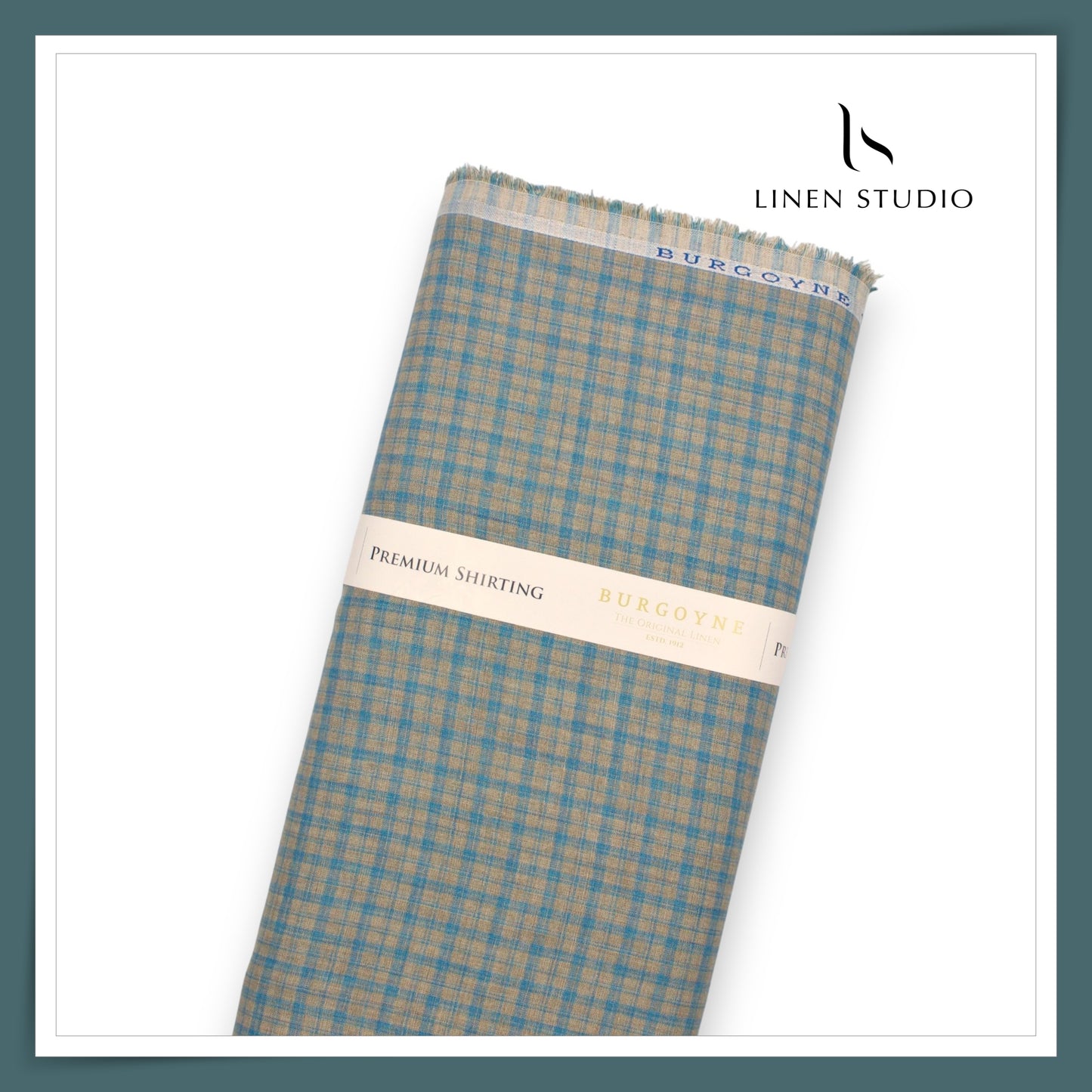 60 Lea Pure Linen Shirting by Burgoyne - Brownish Grey & Turquoise Checks (NEW)