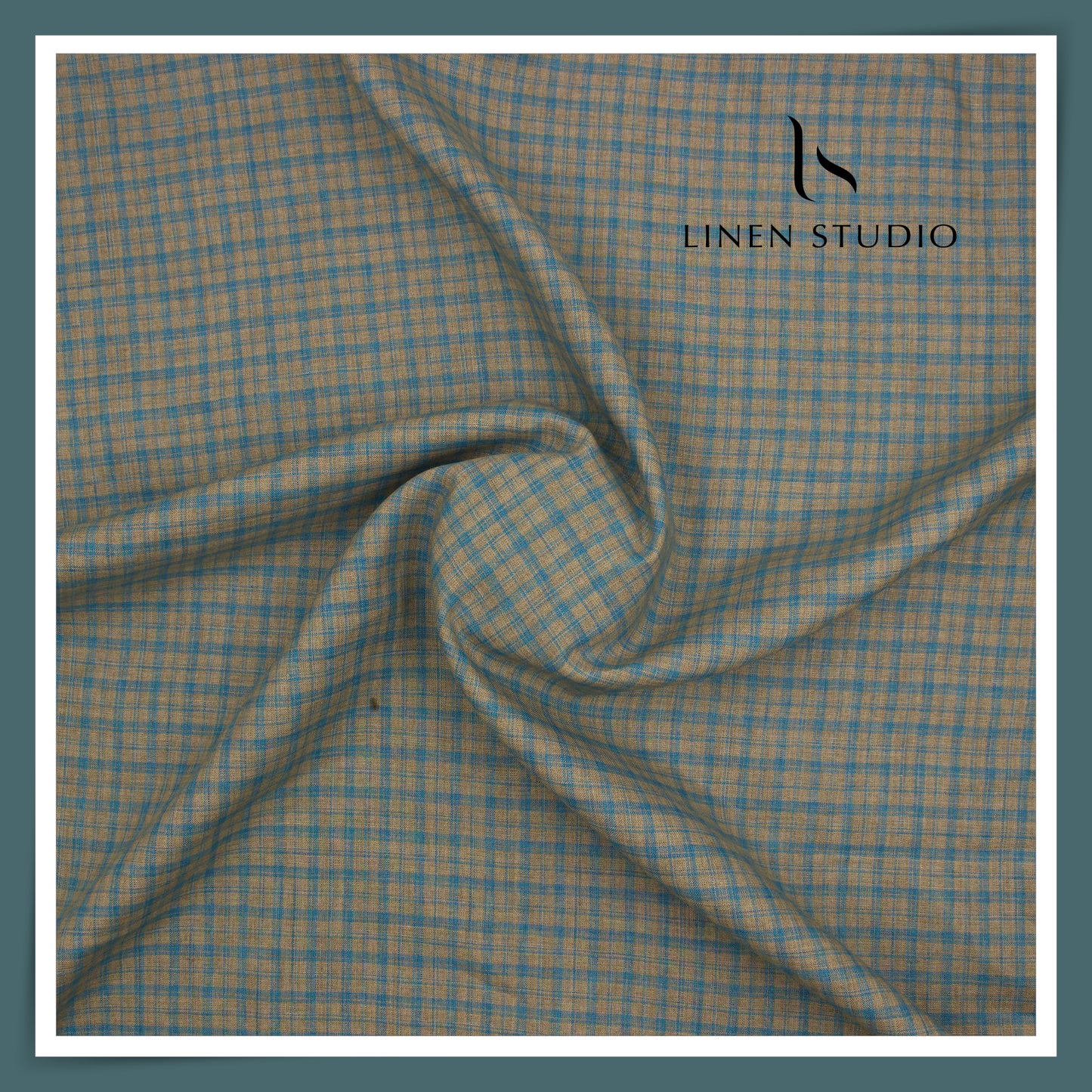60 Lea Pure Linen Shirting by Burgoyne - Brownish Grey & Turquoise Checks (NEW)
