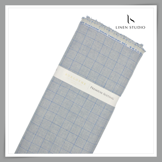Burgoyne Pure Linen Checks Suiting - Grey with Blue - Linen Studio