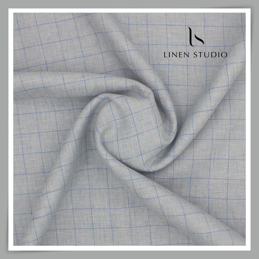 Burgoyne Pure Linen Checks Suiting - Grey with Blue - Linen Studio
