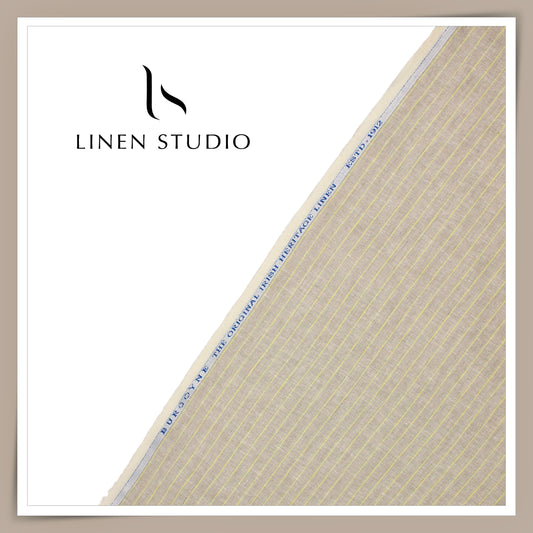 60 Lea Pure Linen Shirting by Burgoyne - Oatmeal with Yellow Stripes (NEW)