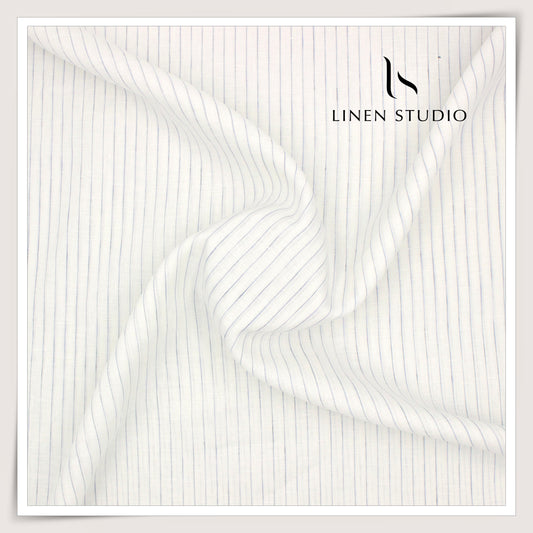 80 Lea Pure Linen Premium Shirting by Burgoyne - White with Blue Stripes (NEW)