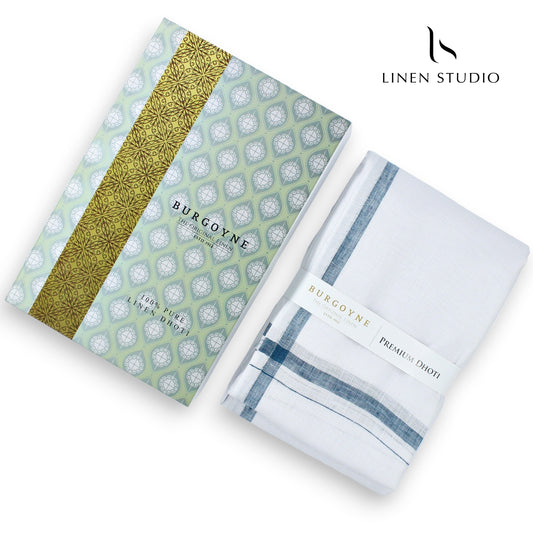 Blueish Green Small Border - Pure Linen Dhoti By Burgoyne - Linen Studio