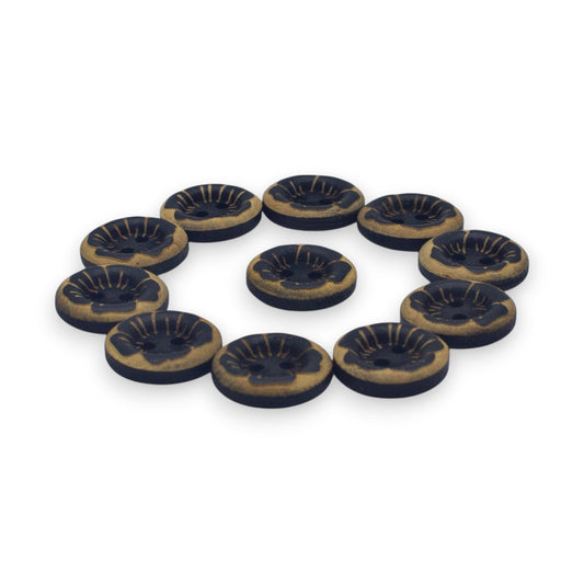 Fancy 2 Hole Black & Gold Floral Printed Shirt Buttons in Big Size 18MM