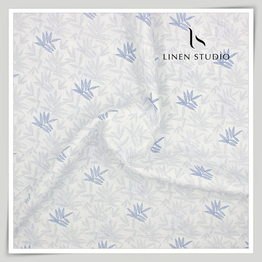 Linen Club 60 Lea Pure Linen Printed Shirting W/O SEL - Grey & Blue Leaf (45% SALE) (NEW)