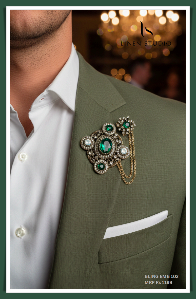Brooch - Emerald with Metal Flower (NEW)