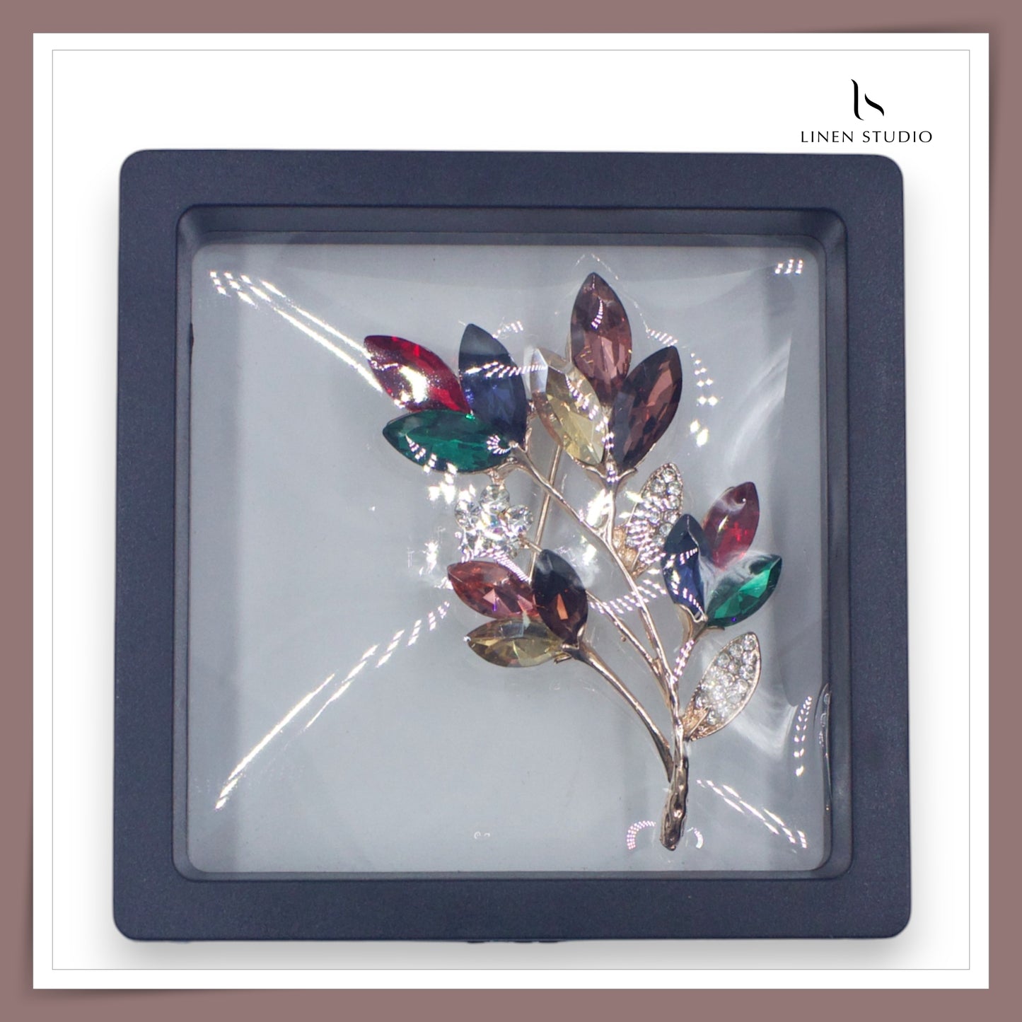 Brooch -  Gold Toned Multicolour Crystals Elegant Leaf (NEW)