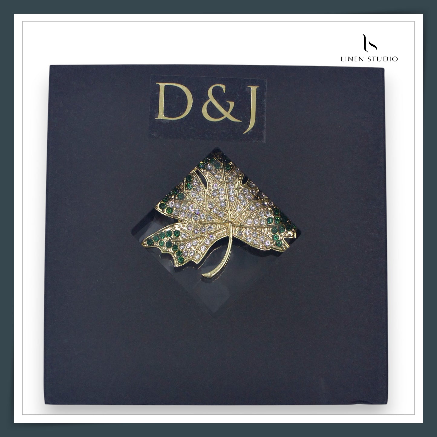 Brooch - Gold Tone Maple Leaf with Green & White Crystals (NEW)