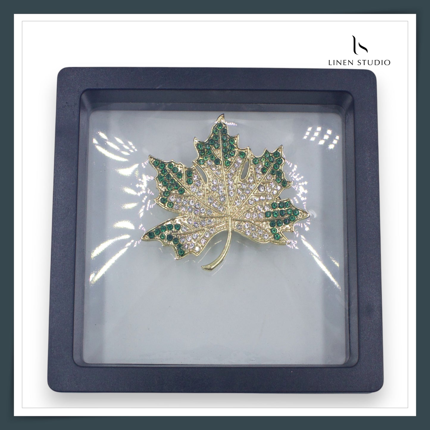 Brooch - Gold Tone Maple Leaf with Green & White Crystals (NEW)
