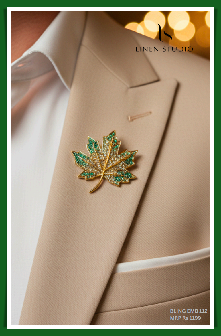 Brooch - Gold Tone Maple Leaf with Green & White Crystals (NEW)
