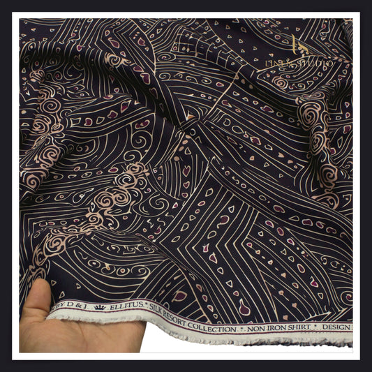Silk & Giza Cotton Printed Premium Wrinkle Free Shirting by D&J Italy - Midnight Swirl Resort (NEW)