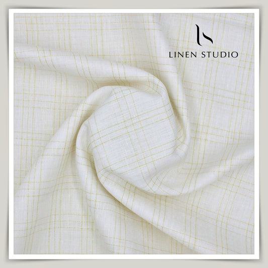 60 Lea European Linen Shirting - Off-White Dobby with Golden Zari Checks (zoom in)