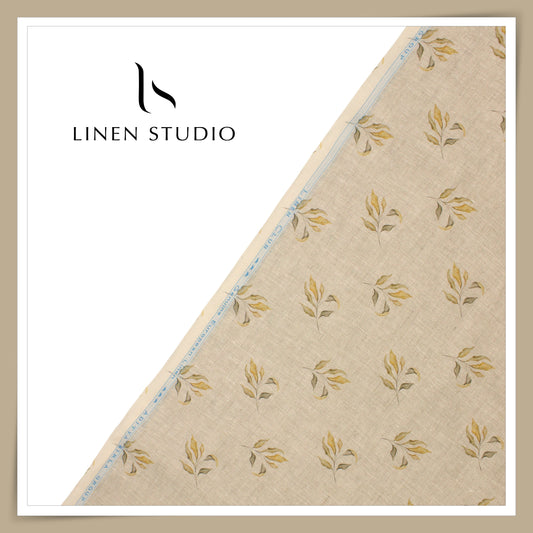 Linen Club 70 Lea Pure Linen Printed Shirting - Oatmeal Foliage Design (NEW)