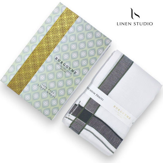 Green Border - Pure Linen Dhoti by Burgoyne - Linen Studio