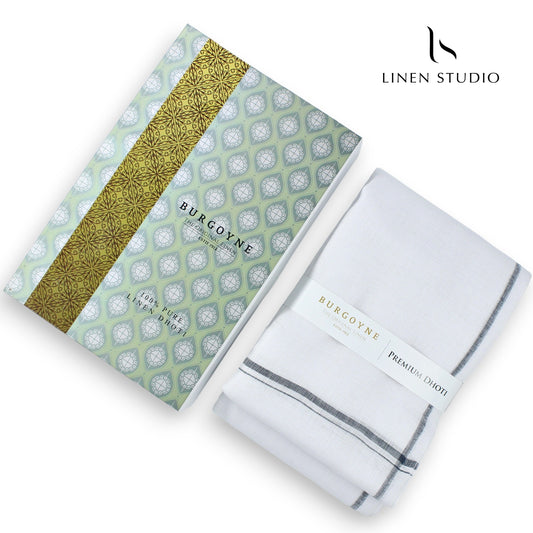 Grey Thin Border - Pure Linen Dhoti By Burgoyne - Linen Studio
