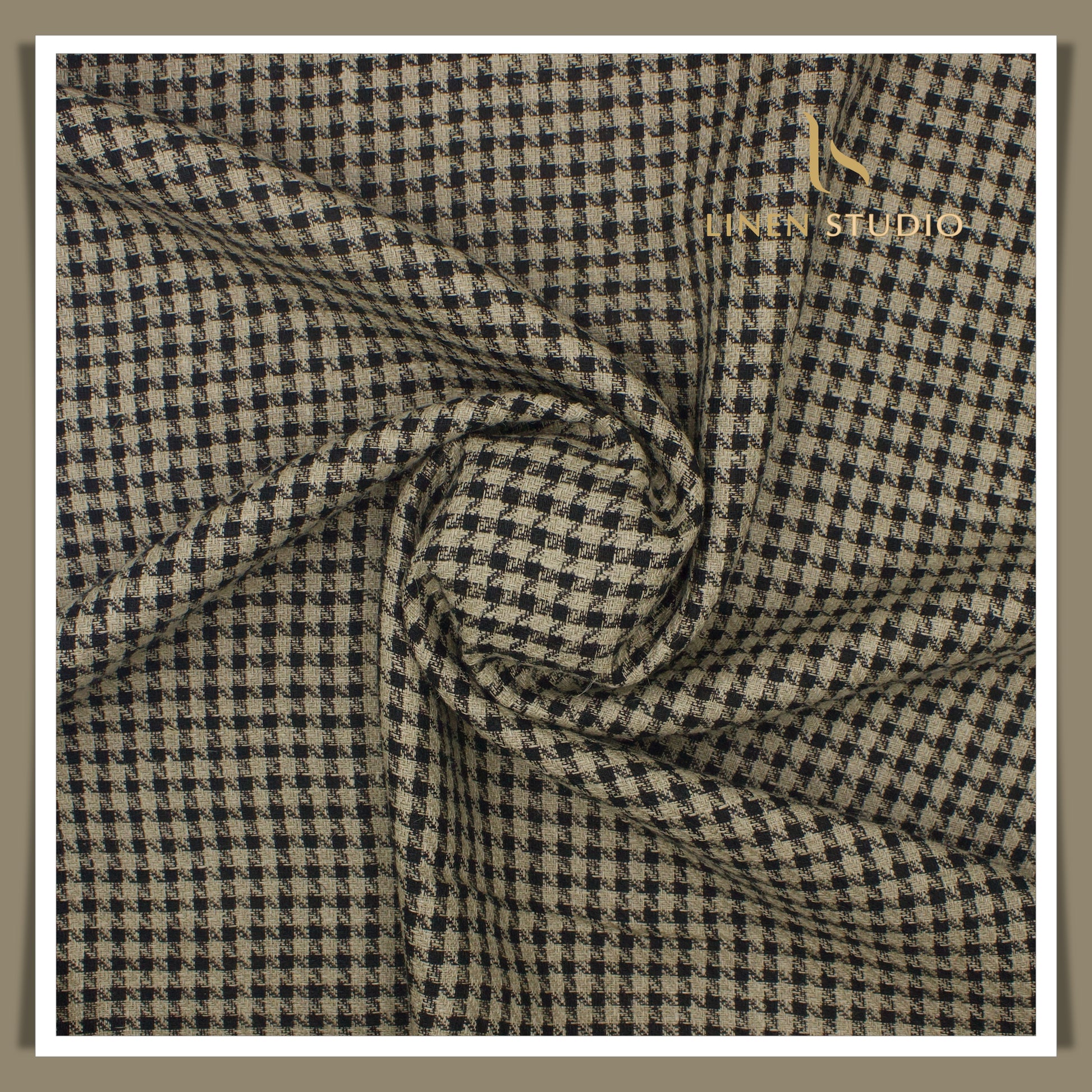 Tweed Pure Linen Jacket Fabric Shephard's Checks Black Khakhi (Zoom In)